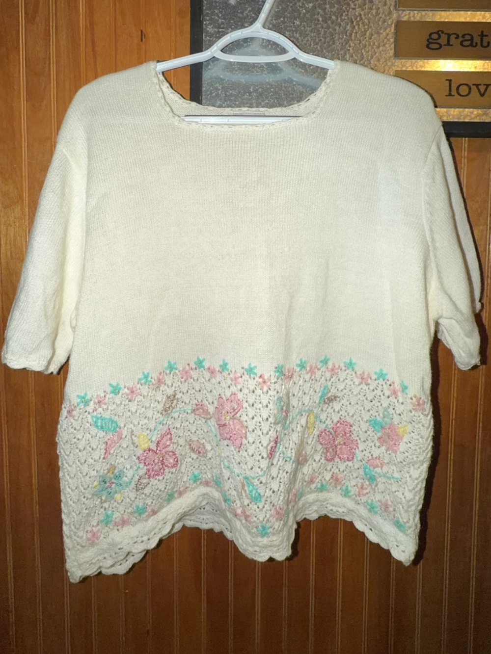 Koret Cream Short-Sleeve Knit Top with Pink & Mint Floral Embroidery